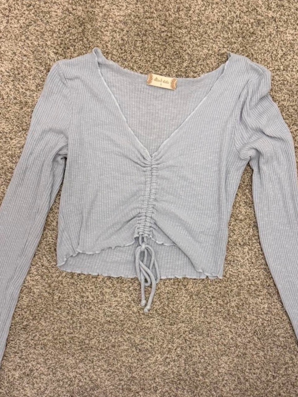 Altar'd State Light Blue Ribbed Drawstring V-Neck Long Sleeve Top